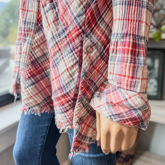Free People Juniper Ridge Plaid Button Down Shirt w/ Raw Hem, Women's Large - Picture 6 of 15